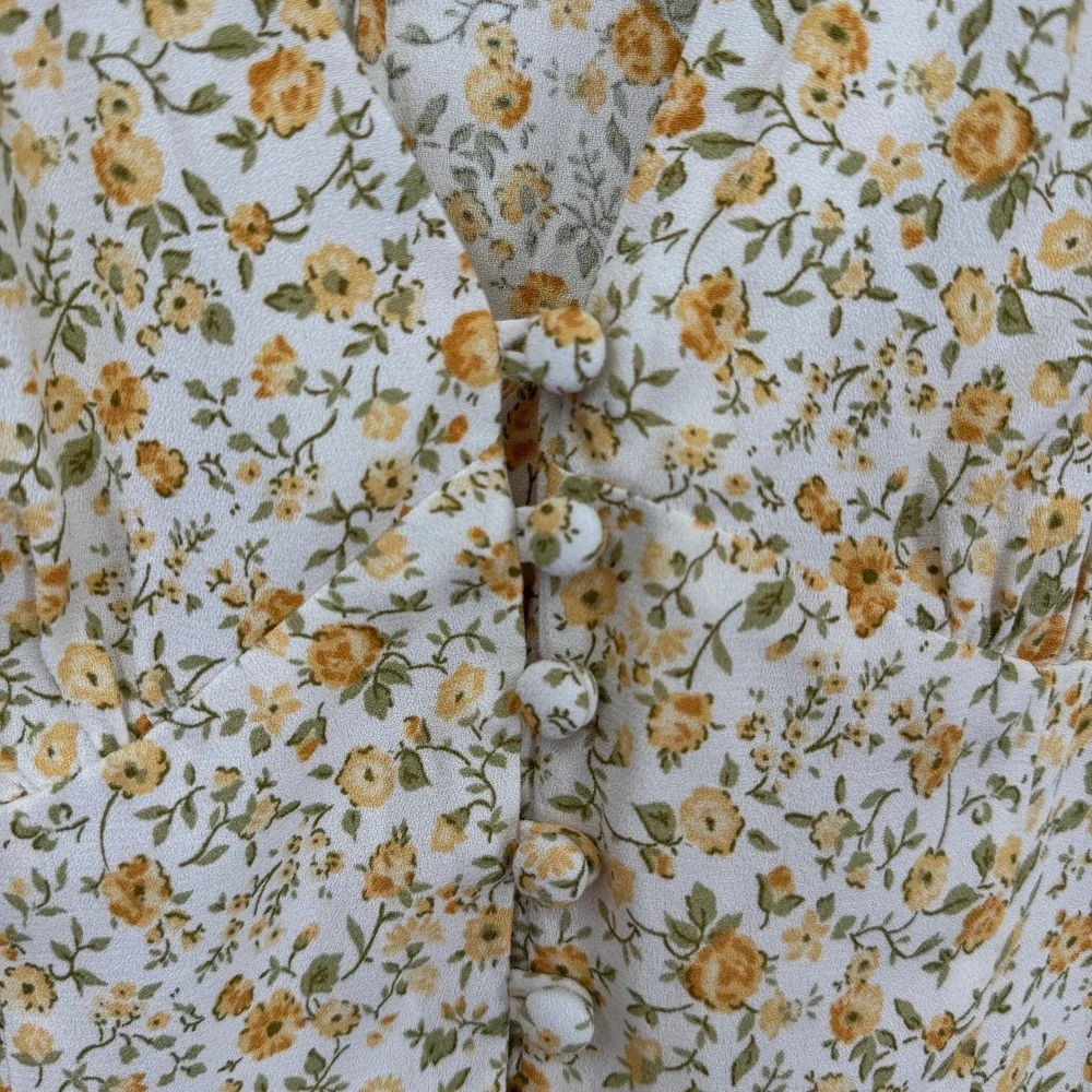 Reformation Floral Long Sleeve Button Front Top White Yellow Small Country NWT
